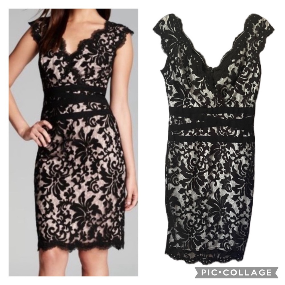 Tadashi Shoji embroidered lace V-neck dress size 8 in black/ivory eyelash sheath